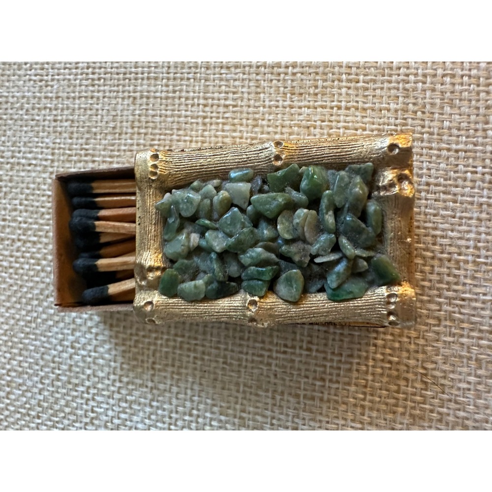 Vintage Gold Faux Bamboo Matchbox Holder with Green Jade Stone Chips Decor